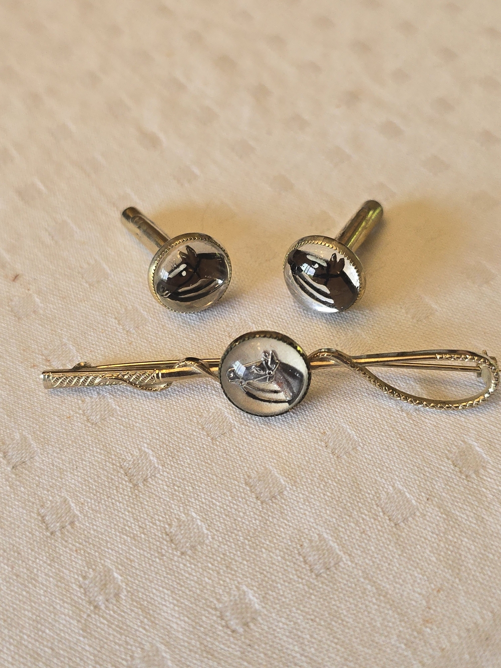 Vintage Mens Intaglio Horse Tie Clip And Cufflinks Gold Plated